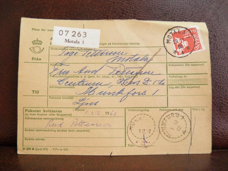 Frimärken på adresskort - stämplat 1962 - Motala 1 - Munkfors 1