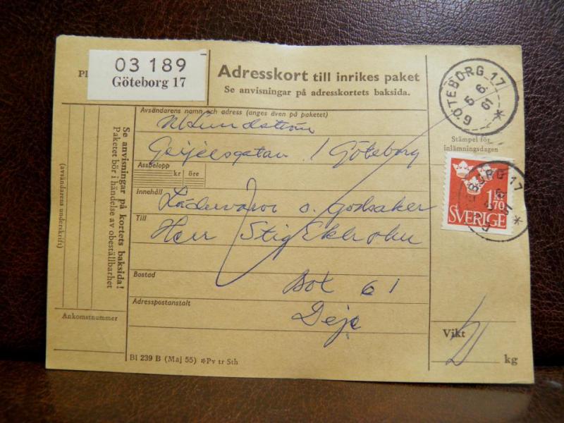 Frimärken på adresskort - stämplat 1961 - Göteborg 17 - Deje