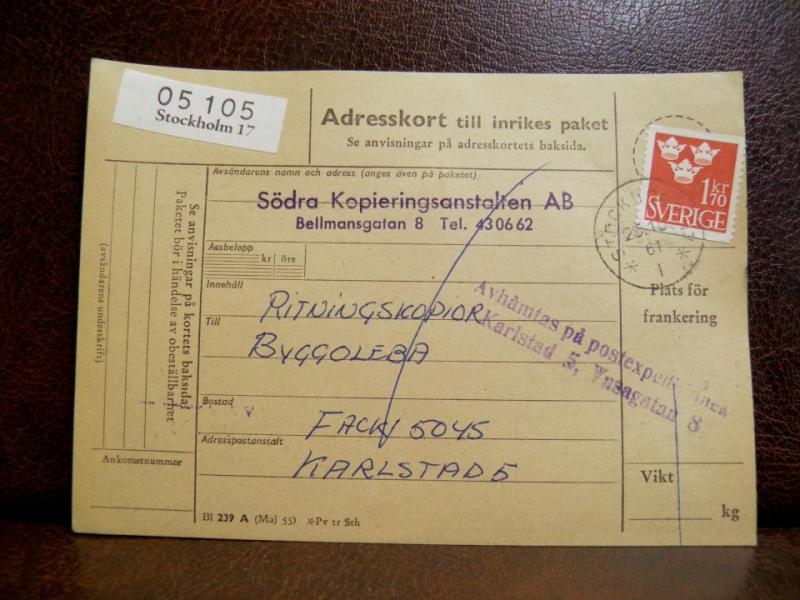 Frimärken på adresskort - stämplat 1961 - Stockholm 17 - Karlstad 5