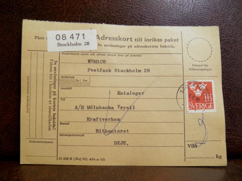 Frimärken på adresskort - stämplat 1961 - Stockholm 28 - Deje 