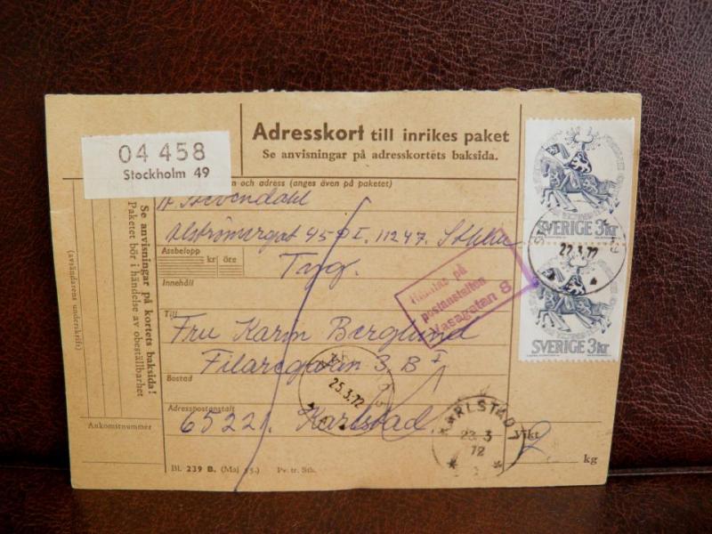 Frimärken på adresskort - stämplat 1972 - Stockholm 49 - Karlstad