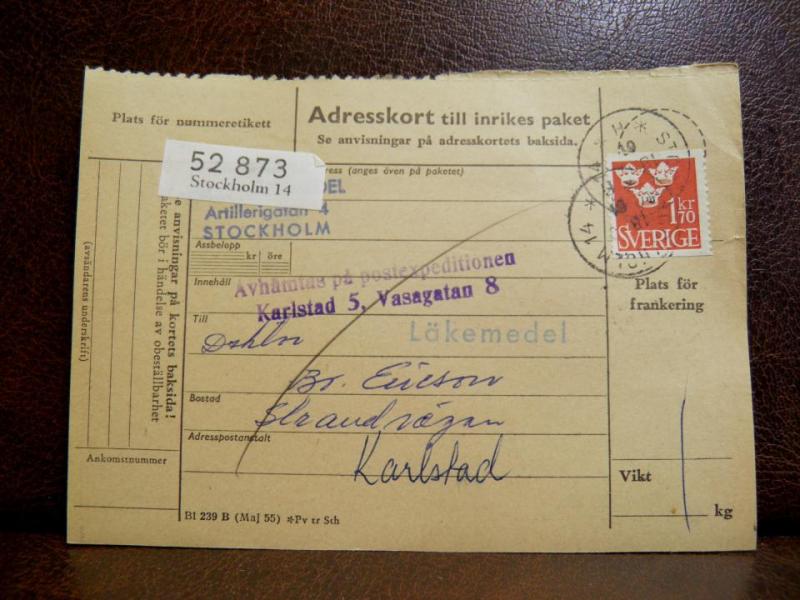 Frimärken på adresskort - stämplat 1961 - Stockholm 14 - Karlstad 