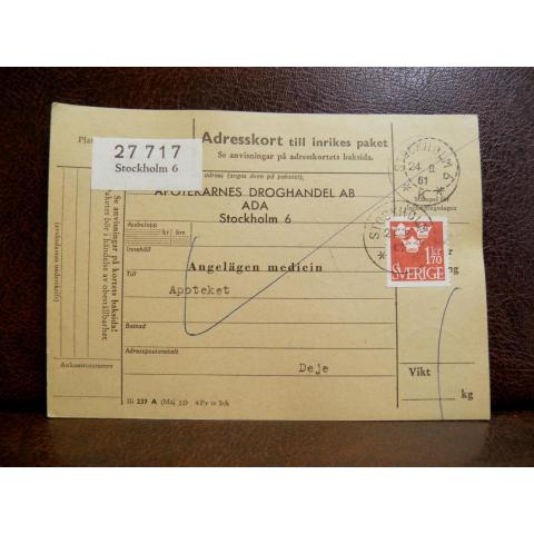 Frimärken på adresskort - stämplat 1961 - Stockholm 6 - Deje 