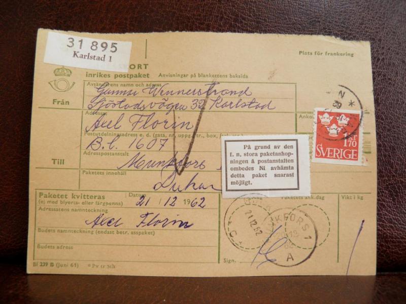 Frimärken på adresskort - stämplat 1962 - Karlstad 1 - Munkfors 1