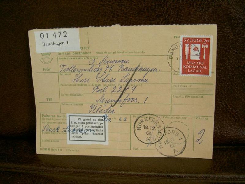 Paketanhopning + Paketavi med stämplade frimärken - 1962 - Bandhagen 1 till Munkfors