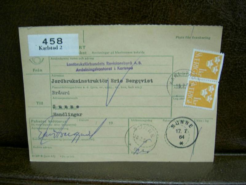 Paketavi med stämplade frimärken - 1964 - Karlstad 2 till Sunne