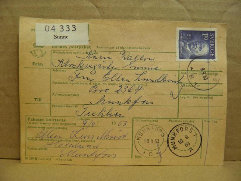 Frimärken  på adresskort - stämplat 1963 - Sunne - Munkfors