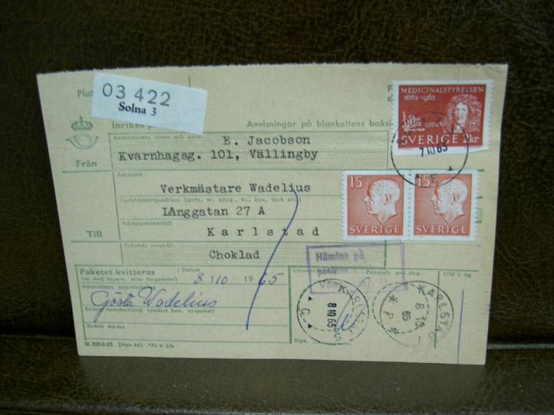 Paketavi med stämplade frimärken - 1965 - Solna 3 till Karlstad