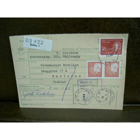 Paketavi med stämplade frimärken - 1965 - Solna 3 till Karlstad