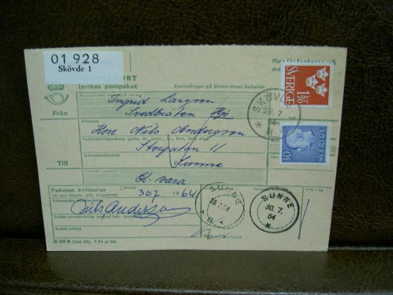Paketavi med stämplade frimärken - 1964 - Skövde 1 till Sunne