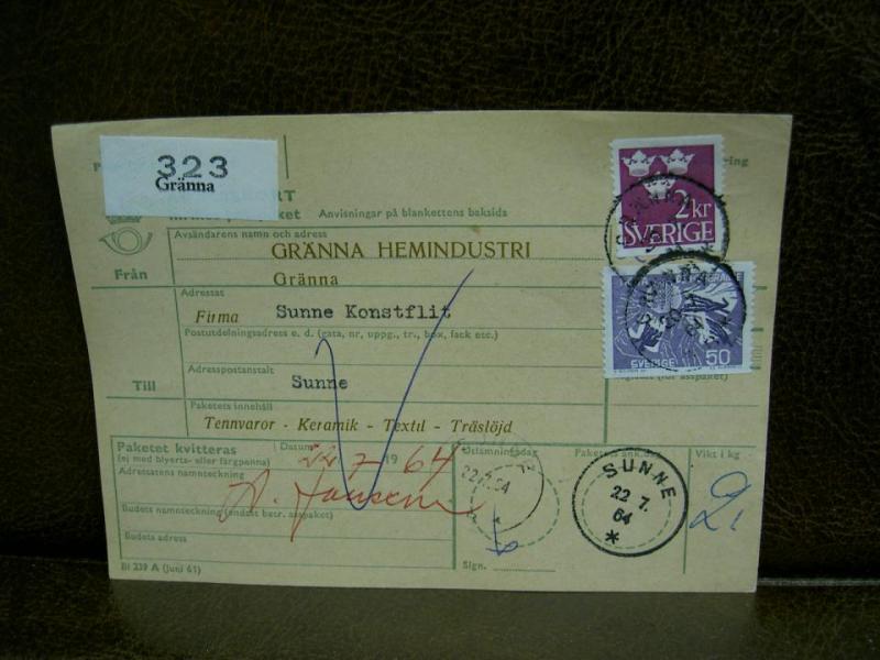 Paketavi med stämplade frimärken - 1964 - Gränna till Sunne