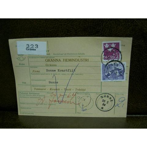 Paketavi med stämplade frimärken - 1964 - Gränna till Sunne