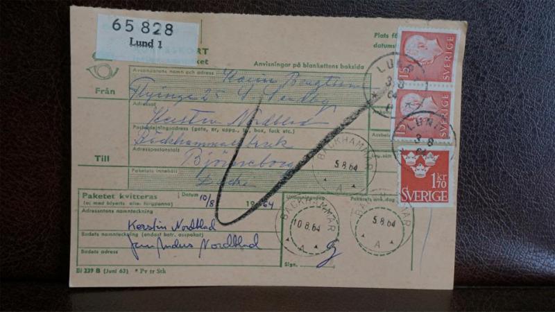 Paketavi med stämplade frimärken - 1964 - Lund 1 - Bäckhammar