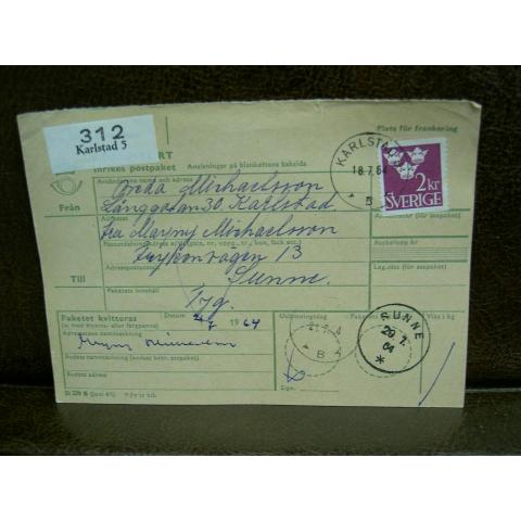 Paketavi med stämplade frimärken - 1964 - Karlstad 5 till Sunne