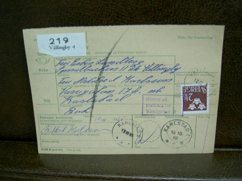 Paketavi med stämplade frimärken - 1965 - Vällingby 4 till Karlstad