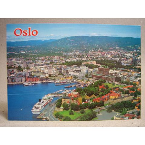 Vy över Oslo med hamn Fartyg Norway Äldre Skrivet