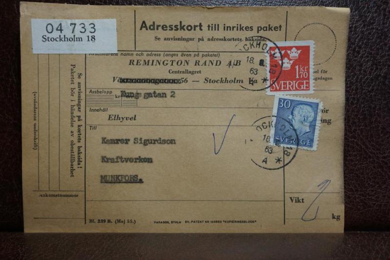 Frimärken  på adresskort - stämplat 1963 - Stockholm 18 - Munkfors