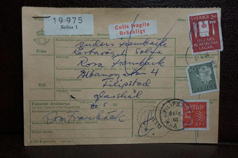 Bräckligt + Frimärken  på adresskort - stämplat 1963 - Solna 1 - Filipstad 