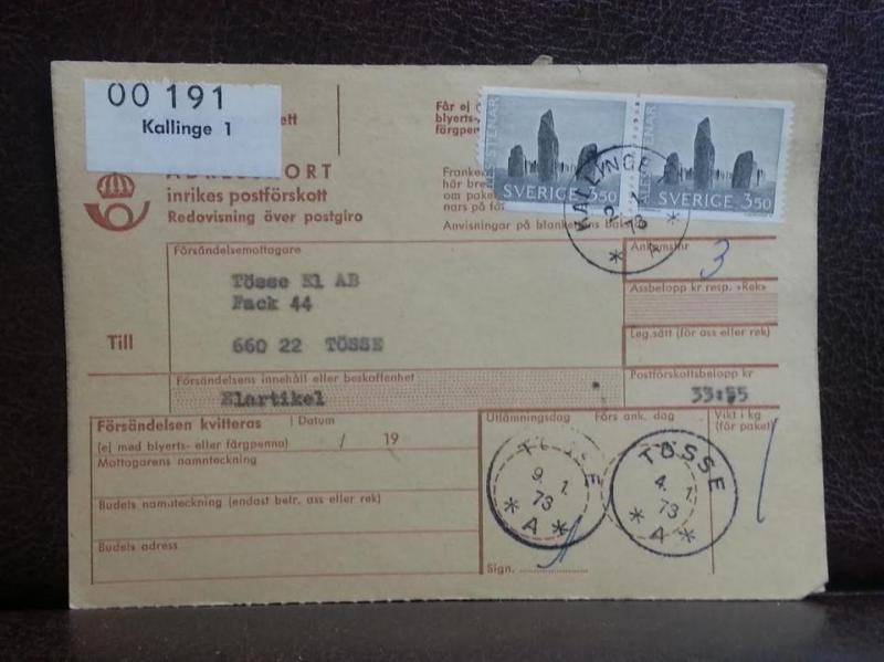 Frimärken på adresskort - stämplat 1973 - Kallinge 1 - Tösse