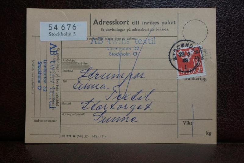 Frimärke  på adresskort - stämplat 1963 - Stockholm 5 - Sunne 