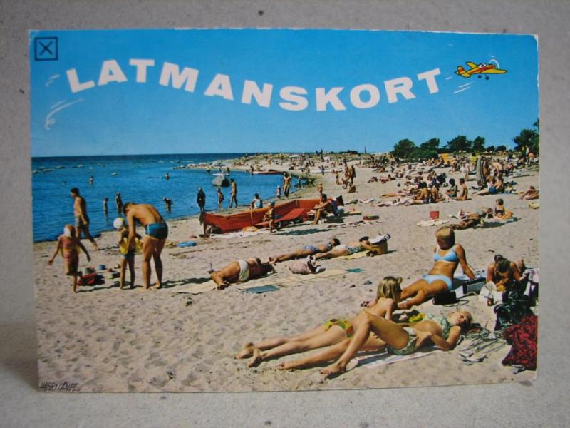 Latmanskort - Folkliv på stranden - Kortet skrivet från Gränna 1978 / Harry Lange