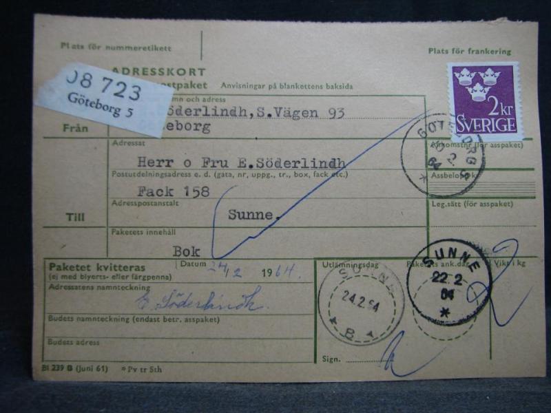 Adresskort med stämplade frimärken - 1964 - Göteborg till Sunne