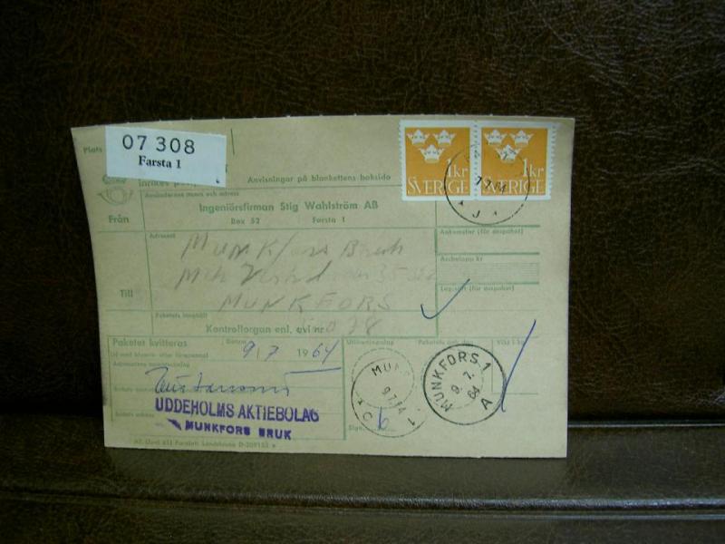 Paketavi med stämplade frimärken - 1964 - Farsta 1 till Munkfors