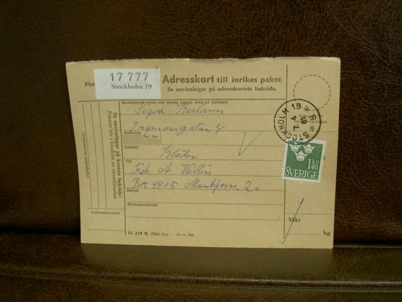 Paketavi med stämplade frimärken - 1961 - Stockholm 19 till Munkfors