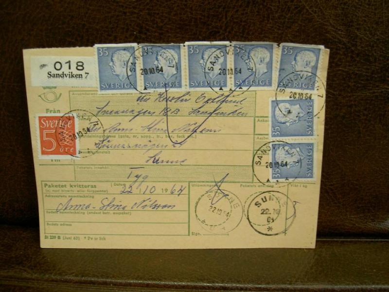 Paketavi med 8 st stämplade frimärken - 1964 - Sandviken 7 till Sunne