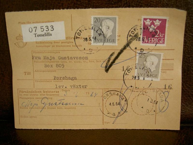 Paketavi med stämplade frimärken - 1964 - Tomelilla till Forshaga