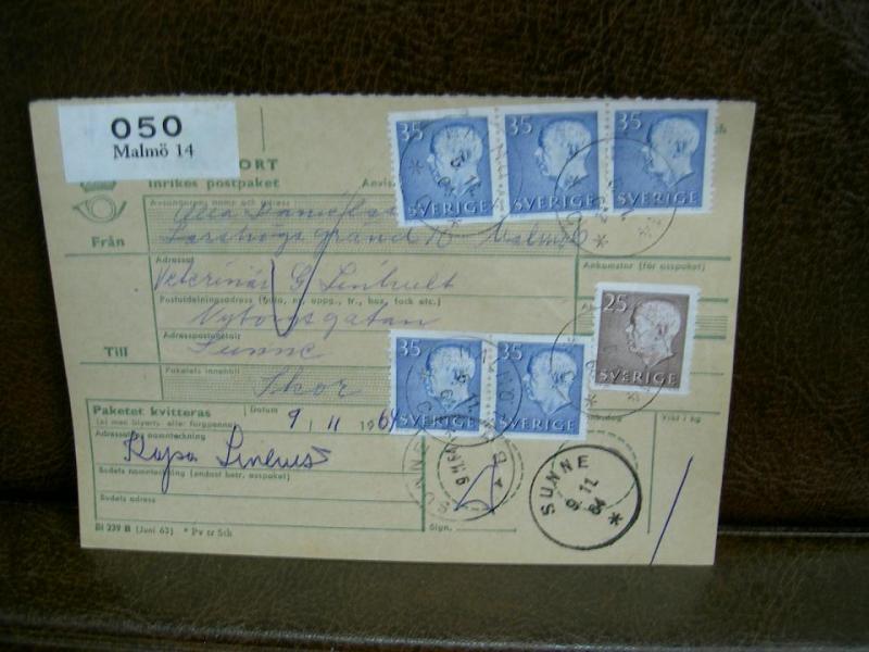 Paketavi med 6 st stämplade frimärken - 1964 -  Malmö 14 till Sunne