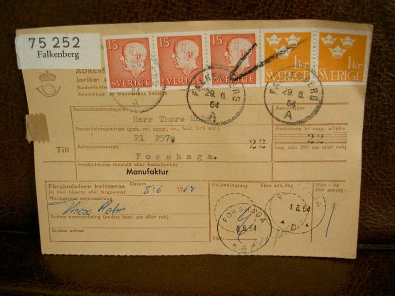 Paketavi med stämplade frimärken - 1964 - Falkenberg till Forshaga