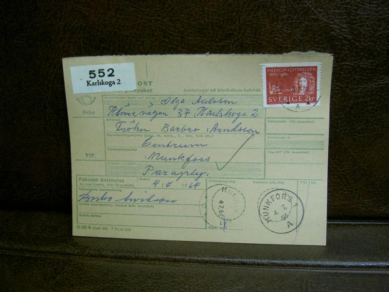 Paketavi med stämplade frimärken - 1964 - Karlskoga 2 till Munkfors