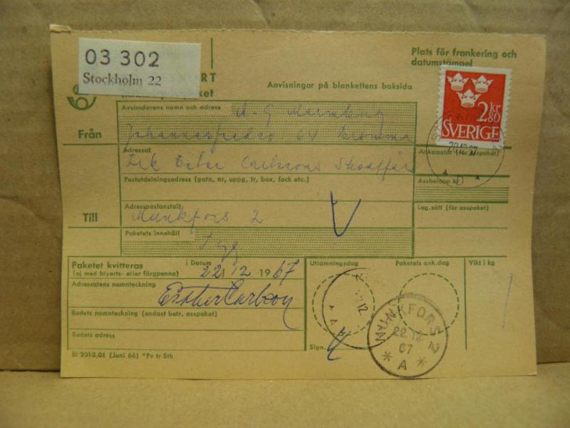 Frimärken på adresskort - stämplat 1967 - Stockholm 22 - Munkfors 2