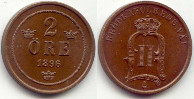 Sverige - 2 öre 1896 brons i mycket hög kvalité!