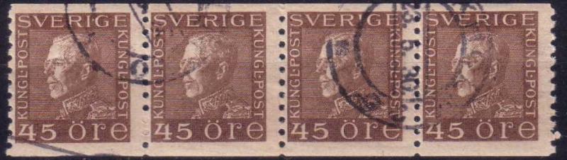 Facit #191 Gustav V profil vänster, 45 öre brun 4-STRIP