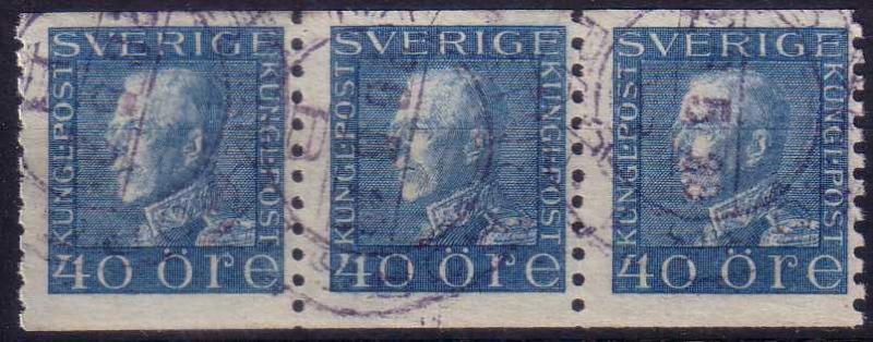 Facit #188 Gustav V profil vänster, 40 öre blå 3-STRIP