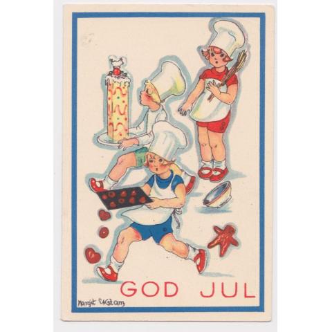 God Jul. 3 julbakande flickor, sign, Margit Ekstam.