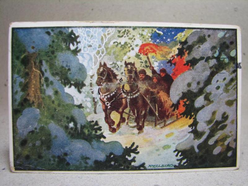 Julkort med hästar som drar släde 1930 / Sign. Kjellberg