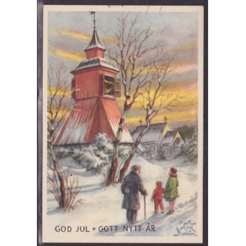 God Jul och Gott Nytt År, signerat Curt Nyström, familj på väg till kyrkan, sänt 1960