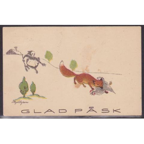 Glad Påsk, signerad av T.Kjellgren, Räv med höna i munnen, sänt 1922