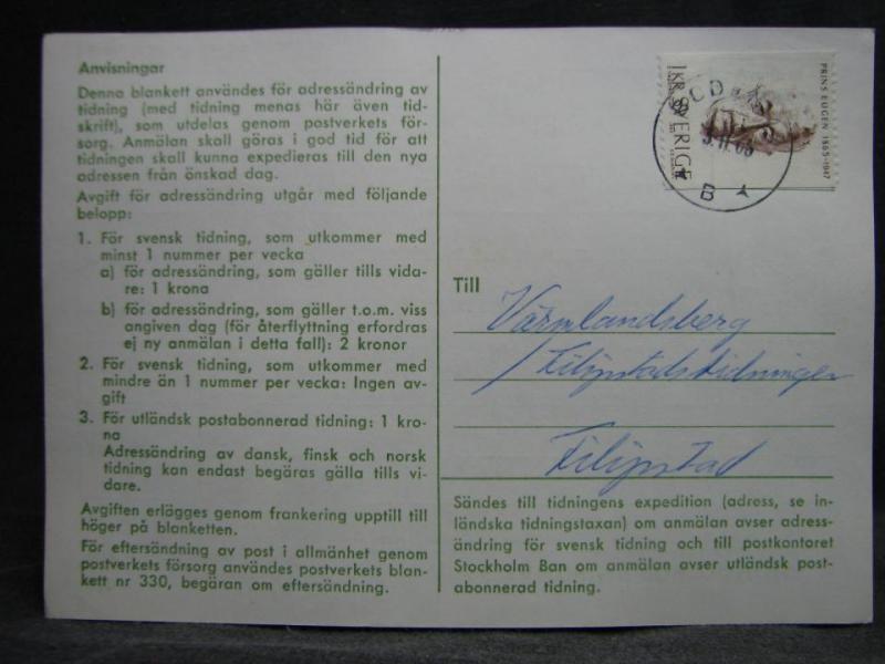 Adressändringskort med stämplade frimärken - 1965 - Boden