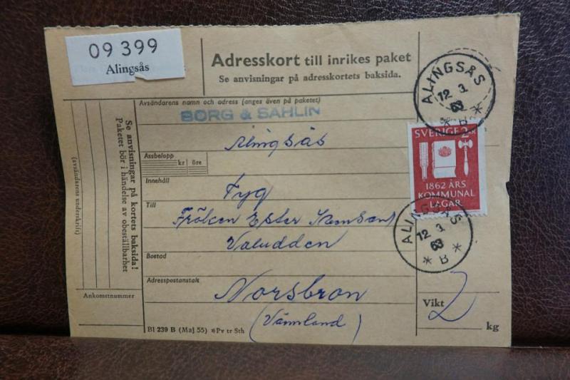 Frimärke på adresskort - stämplat 1963 - Alingsås - Norsbron