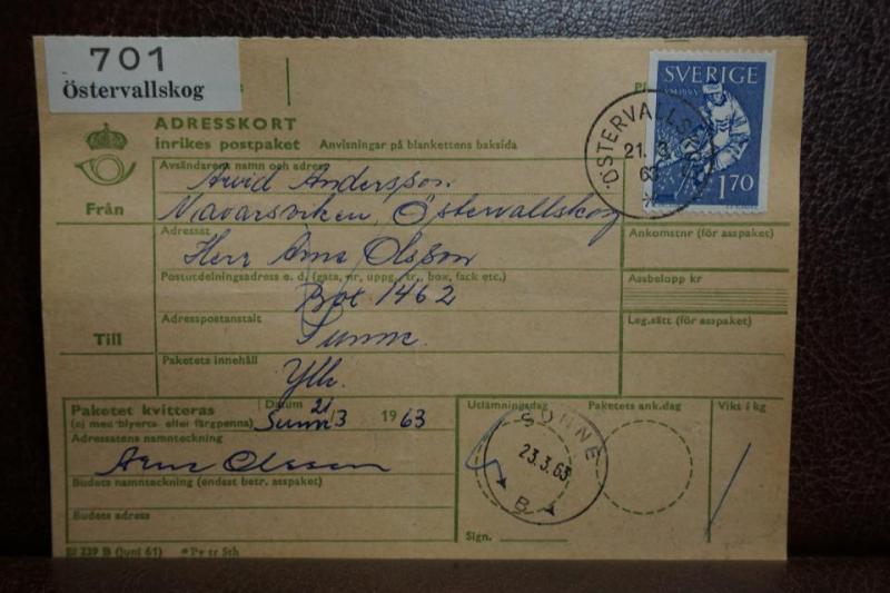 Frimärke  på adresskort - stämplat 1963 - Östervallskog - Sunne