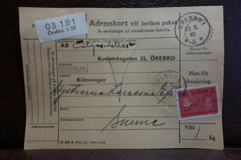 Frimärke på adresskort - stämplat 1963 -  Örebro 1 M - Sunne