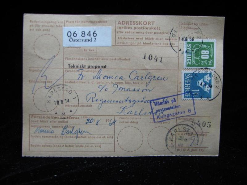 Adresskort med stämplade frimärken - 1964 - Östersund till Karlstad