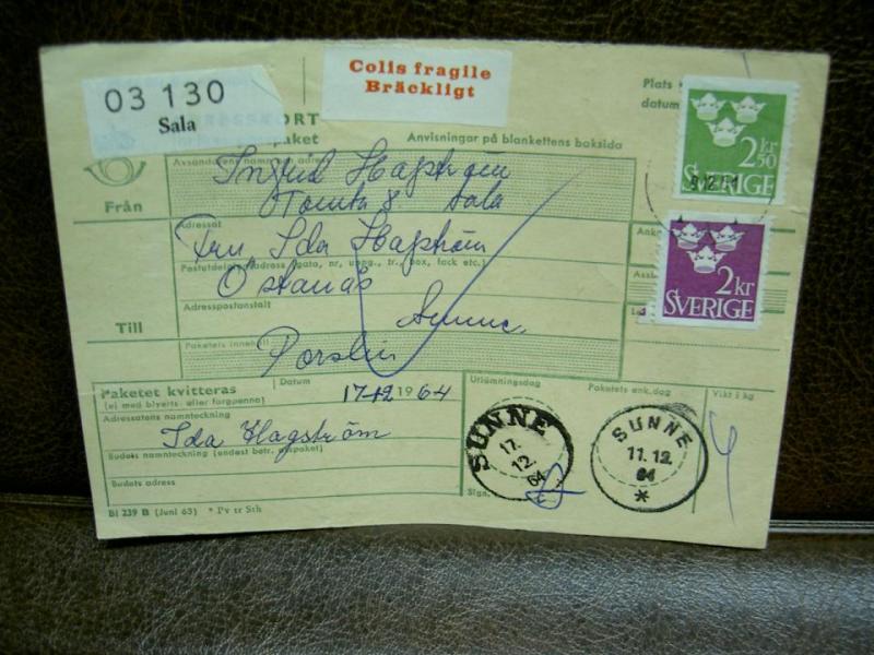 Paketavi med stämplade frimärken + bräckligt - 1964 - Sala till Sunne