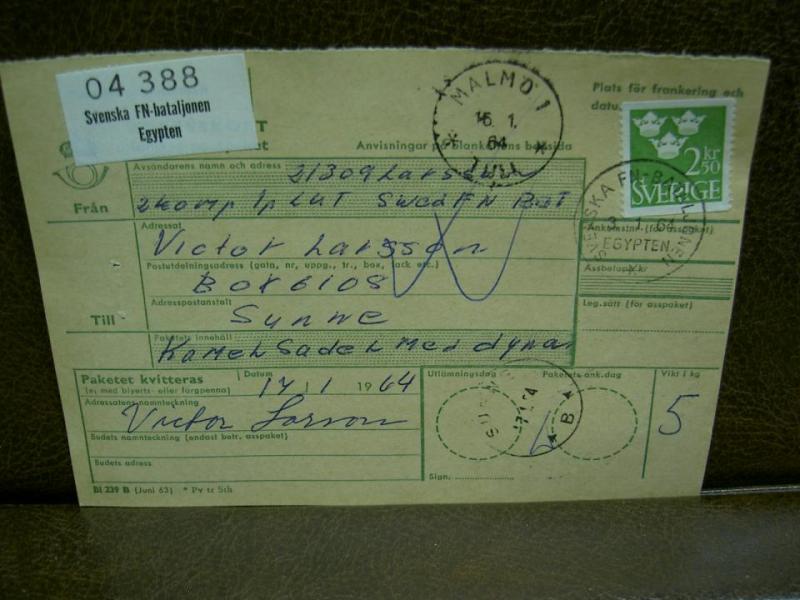 Paketavi med stämplade frimärken - 1964 - Svenska FN-bataljongen Egypten till Sunne 