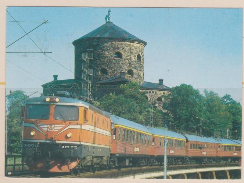 Cityexpresståget nedanför Skansen Lejonet i Göteborg,minnespoststämplat 1986, reklam för SJ