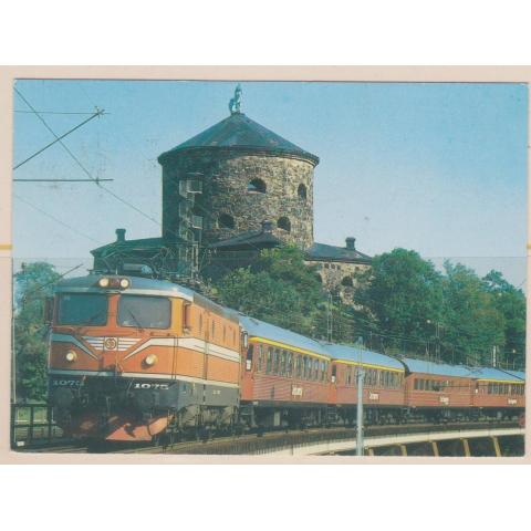 Cityexpresståget nedanför Skansen Lejonet i Göteborg,minnespoststämplat 1986, reklam för SJ
